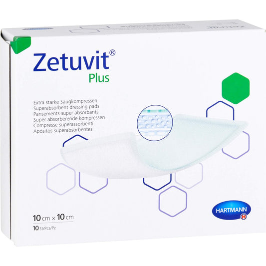 Das Produktfoto zeigt Zetuvit Plus Extrastarke Saugkompr.Steril 10x10 Cm (10 stk) PZN 07558337