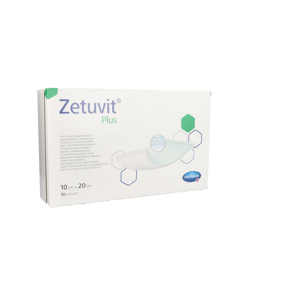 Das Produktfoto zeigt Zetuvit Plus Extrastarke Saugkompr.Steril 10x20 Cm (10 stk) PZN 07558343