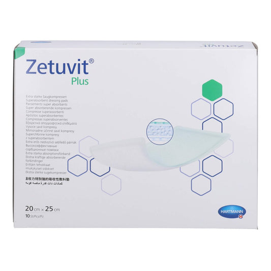 Das Produktfoto zeigt Zetuvit Plus Extrastarke Saugkompr.Steril 20x25 Cm (10 stk) PZN 07558366
