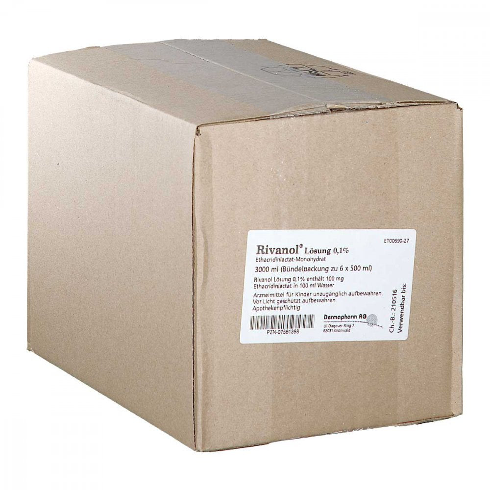 Das Produktfoto zeigt Rivanol Lösung 0,1% (6X500 ml) PZN 07561368