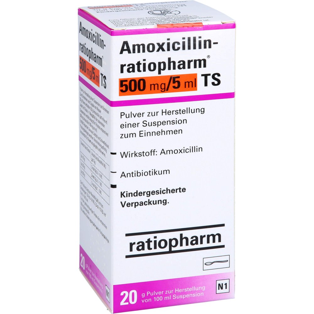 Das Produktfoto zeigt Amoxicillin-Ratiopharm 500mg/5ml Ts Plv.Sus.-Hst. (100 ml) PZN 07561598