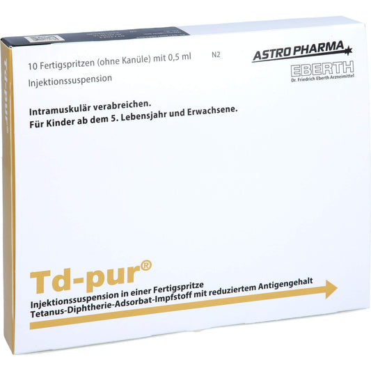 Das Produktfoto zeigt Td-Pur Injektionssuspension Fertigspr.Ohne Kanüle (10X0.5 ml) PZN 07566590