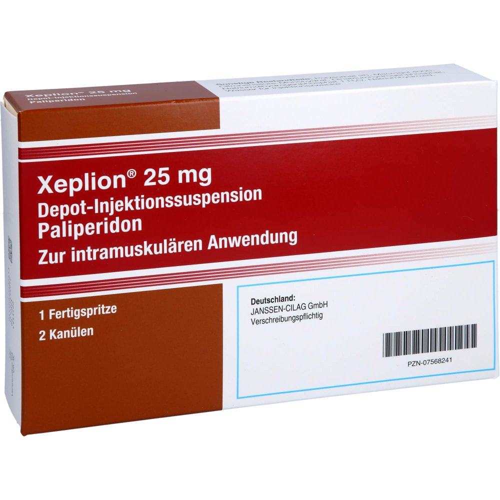 Das Produktfoto zeigt Xeplion 25 Mg Depot-Injektionssusp.I.E.Fertigspr. (1 stk) PZN 07568241