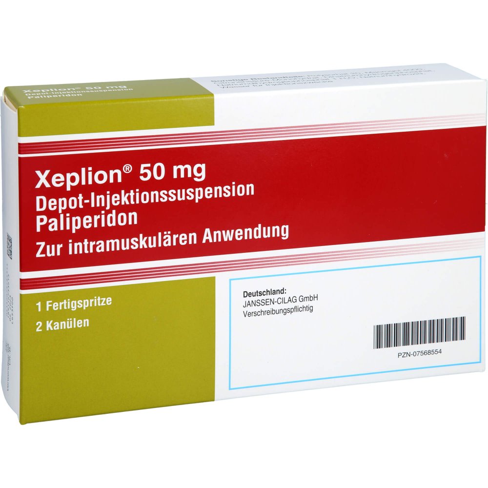 Das Produktfoto zeigt Xeplion 50 Mg Depot-Injektionssusp.I.E.Fertigspr. (1 stk) PZN 07568554