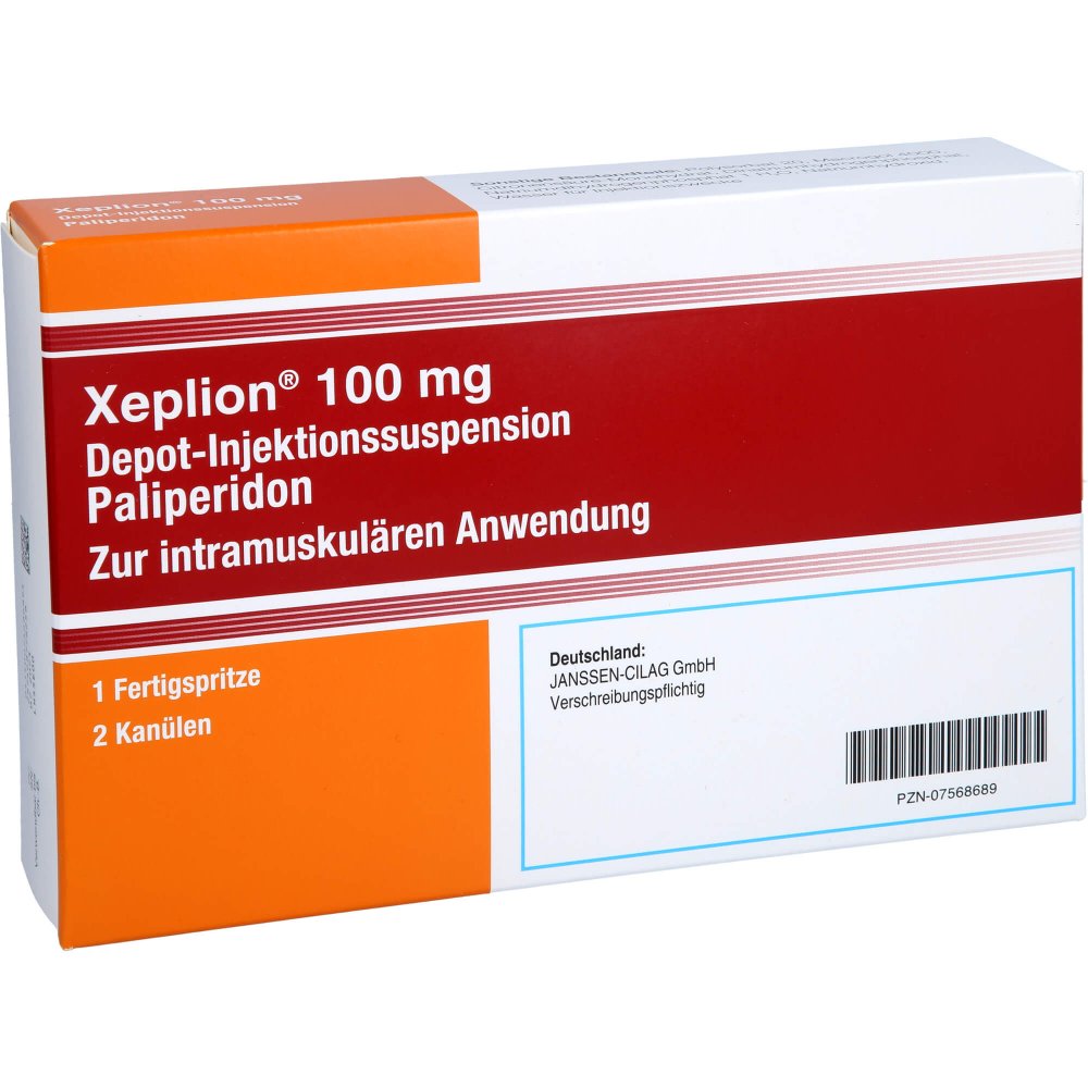 Das Produktfoto zeigt Xeplion 100 Mg Depot-Injektionssusp.I.E.Fertigspr. (1 stk) PZN 07568689