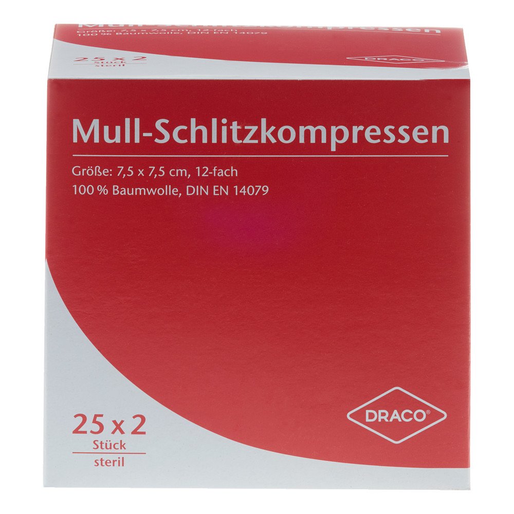 Das Produktfoto zeigt Schlitzkompressen Mull 7,5x7,5 Cm Steril 12fach (25X2 stk) PZN 07574460