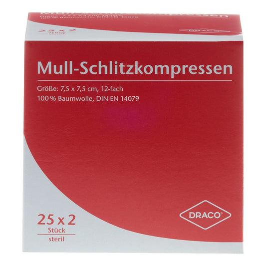 Das Produktfoto zeigt Schlitzkompressen Mull 7,5x7,5 Cm Steril 12fach (25X2 stk) PZN 07574460