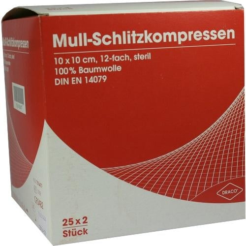 Das Produktfoto zeigt Schlitzkompressen Mull 10x10 Cm Steril 12fach (25X2 stk) PZN 07574477