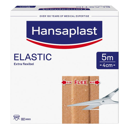 Das Produktfoto zeigt Hansaplast Elastic Pflaster 4 Cmx5 M (1 stk) PZN 07577607