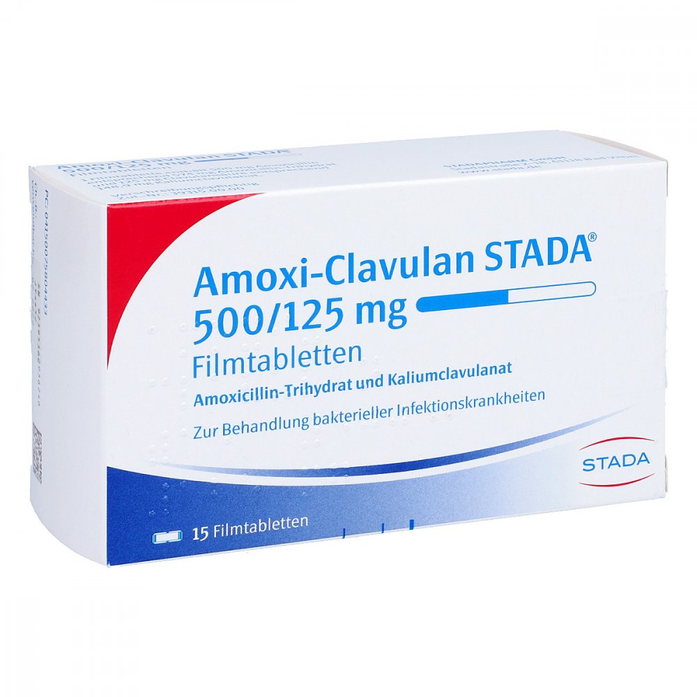 Das Produktfoto zeigt Amoxi-Clavulan Stada 500/125 Mg Filmtabletten (15 stk) PZN 07580443