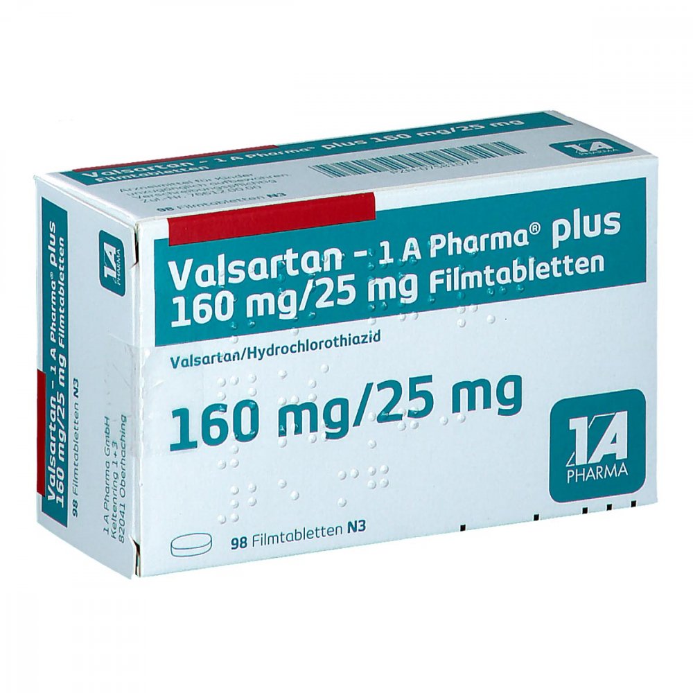 Das Produktfoto zeigt Valsartan-1a Pharma Plus 160/25 Mg Filmtabletten (98 stk) PZN 07581075