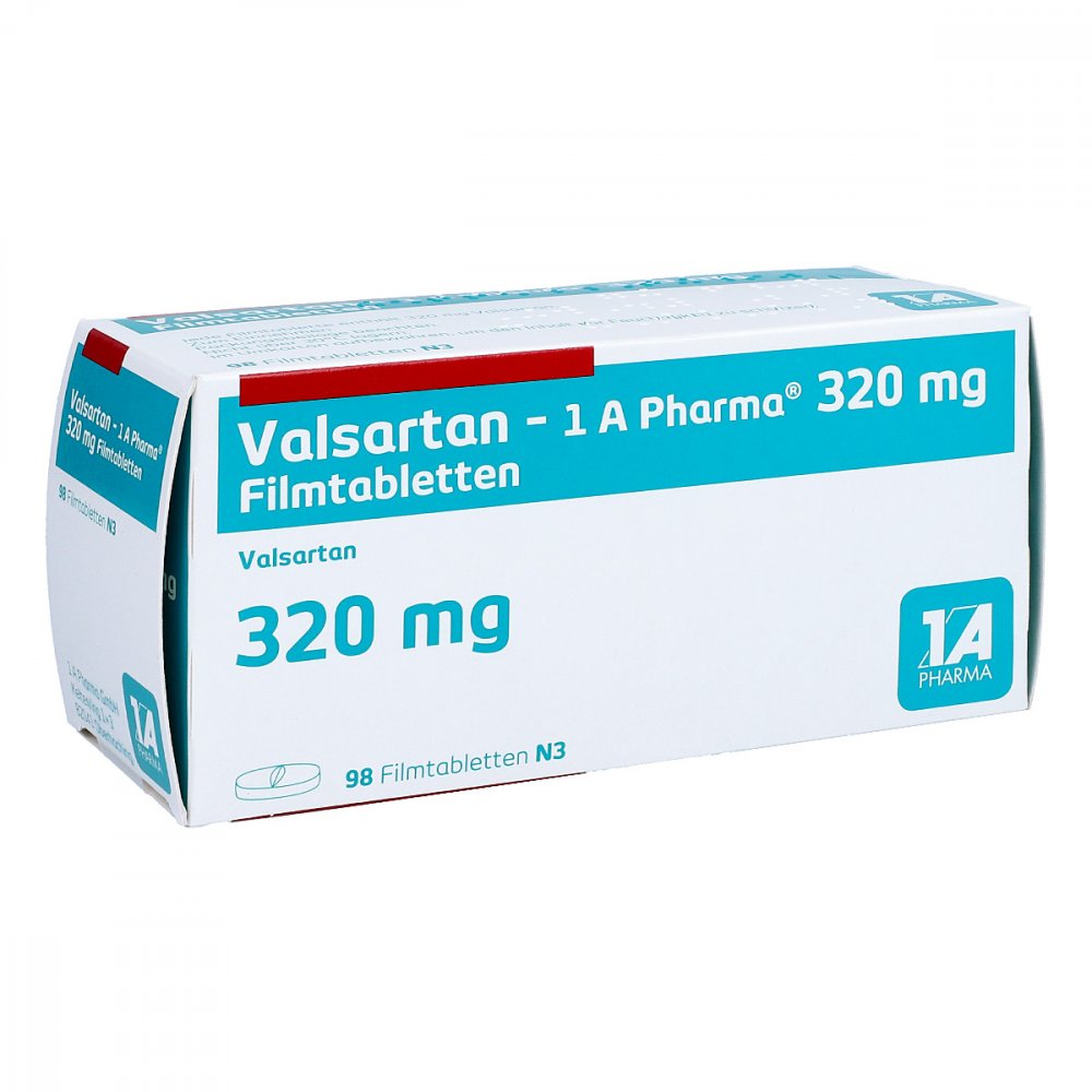 Das Produktfoto zeigt Valsartan-1a Pharma 320 Mg Filmtabletten (98 stk) PZN 07582100