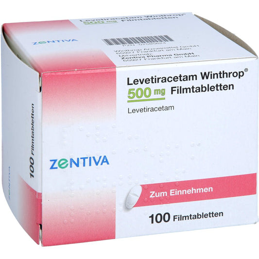 Das Produktfoto zeigt Levetiracetam Winthrop 500 Mg Filmtabletten (100 stk) PZN 07585624