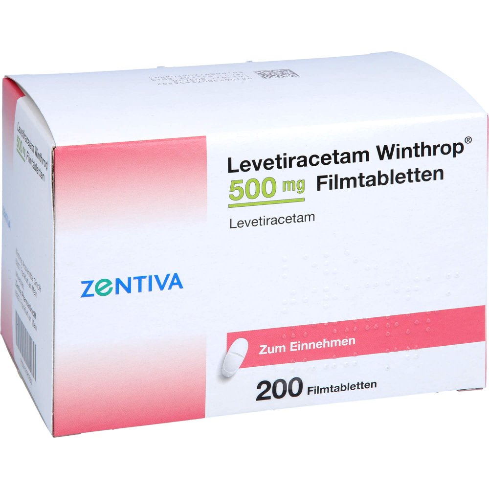 Das Produktfoto zeigt Levetiracetam Winthrop 500 Mg Filmtabletten (200 stk) PZN 07585630