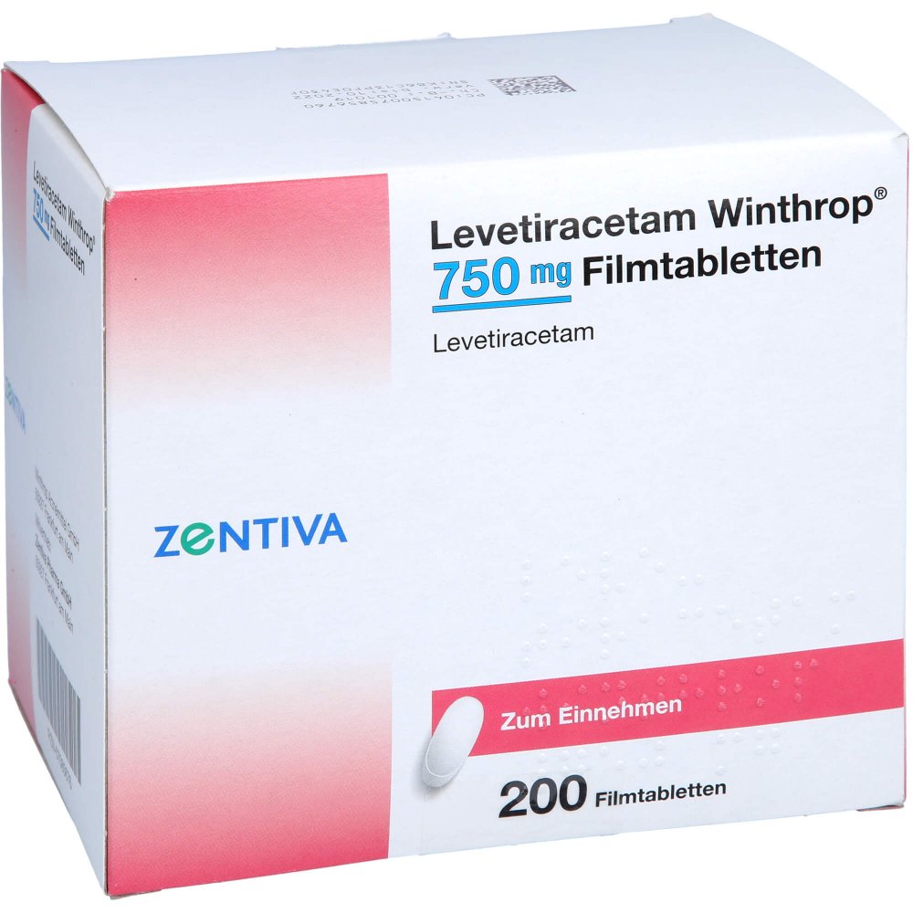 Das Produktfoto zeigt Levetiracetam Winthrop 750 Mg Filmtabletten (200 stk) PZN 07585676