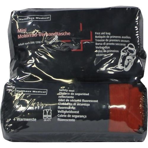 Das Produktfoto zeigt Verbandtasche Motorrad Mini Din 13167+Warnweste (1 stk) PZN 07590022