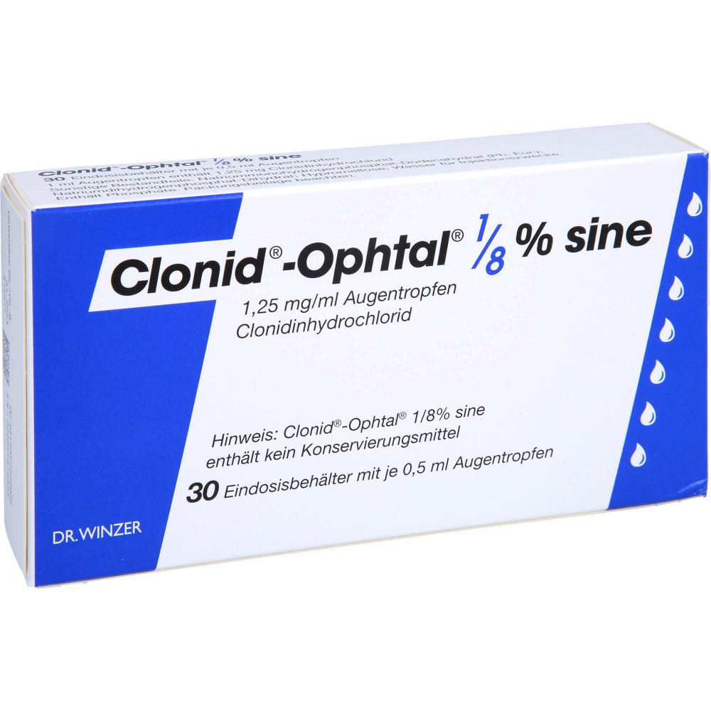 Das Produktfoto zeigt Clonid Ophtal 1/8 Sine Augentropfen (30X0.5 ml) PZN 07591895