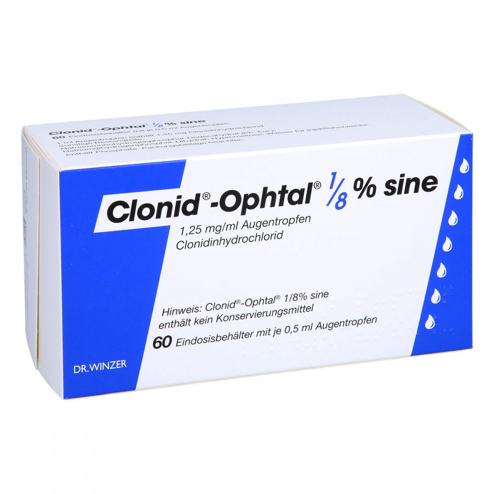 Das Produktfoto zeigt Clonid Ophtal 1/8 Sine Augentropfen (60X0.5 ml) PZN 07591903