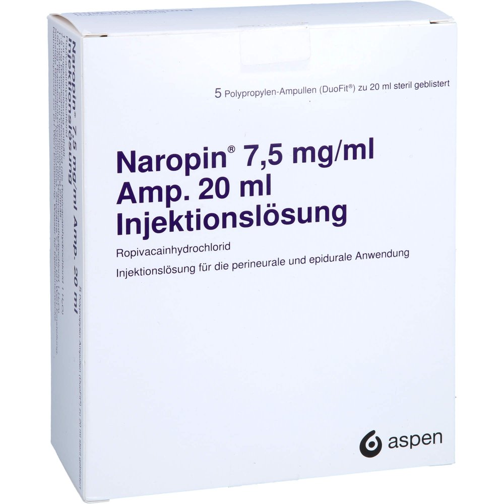 Das Produktfoto zeigt Naropin 7,5 Mg/Ml Amp. Injektionslösung (5X20 ml) PZN 07592185