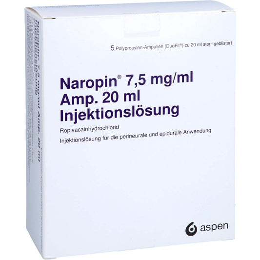 Das Produktfoto zeigt Naropin 7,5 Mg/Ml Amp. Injektionslösung (5X20 ml) PZN 07592185