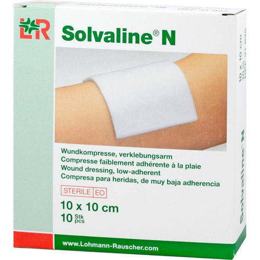 Das Produktfoto zeigt Solvaline N Kompressen 10x10 Cm Steril (10 stk) PZN 07600766
