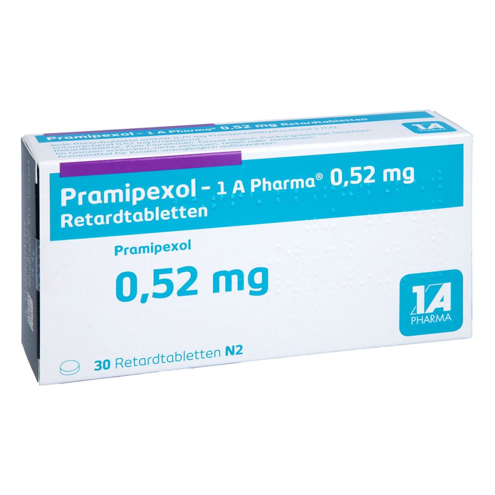 Das Produktfoto zeigt Pramipexol-1a Pharma 0,52 Mg Retardtabletten (30 stk) PZN 07604244