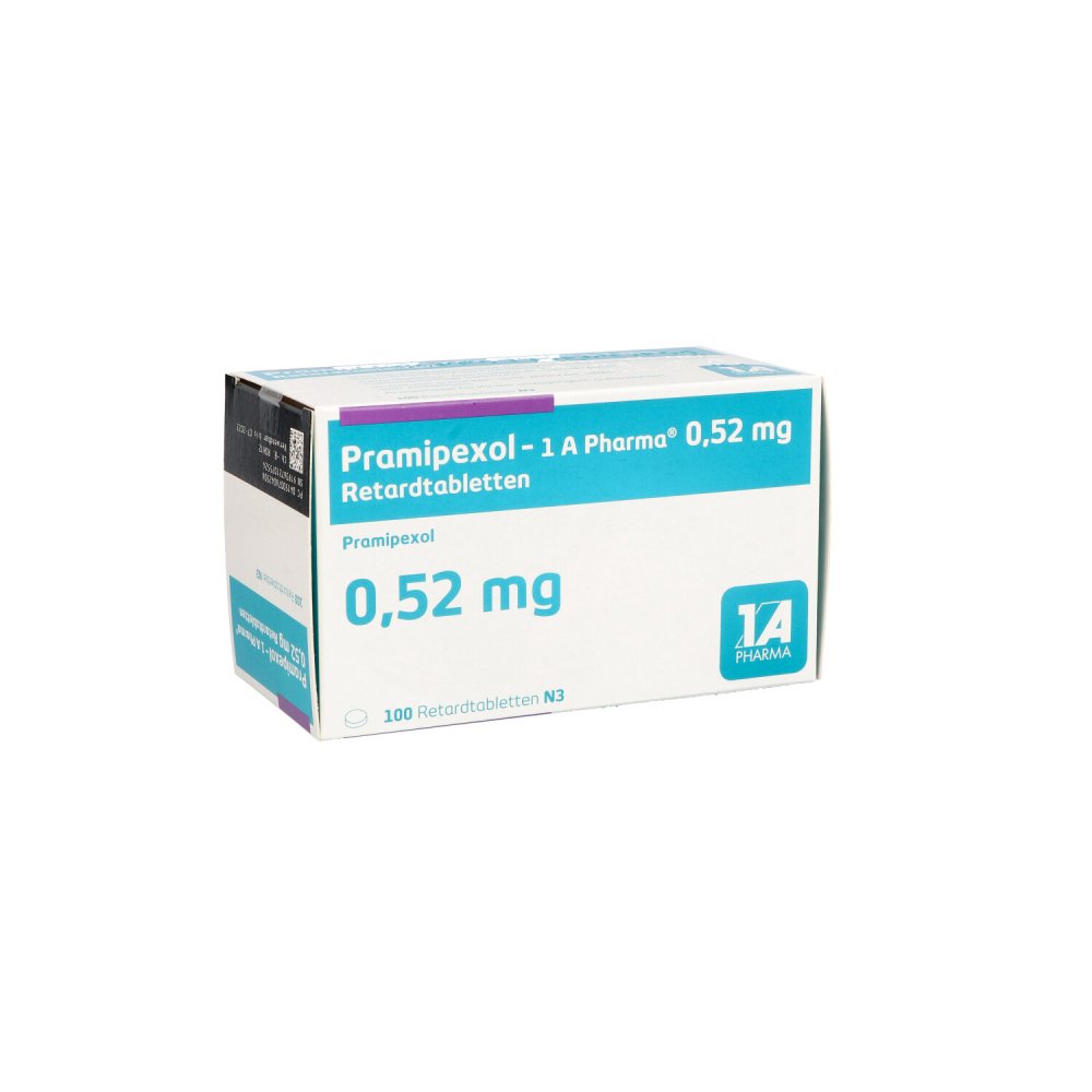 Das Produktfoto zeigt Pramipexol-1a Pharma 0,52 Mg Retardtabletten (100 stk) PZN 07604250