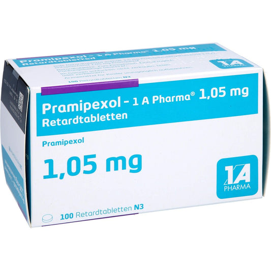 Das Produktfoto zeigt Pramipexol-1a Pharma 1,05 Mg Retardtabletten (100 stk) PZN 07604296