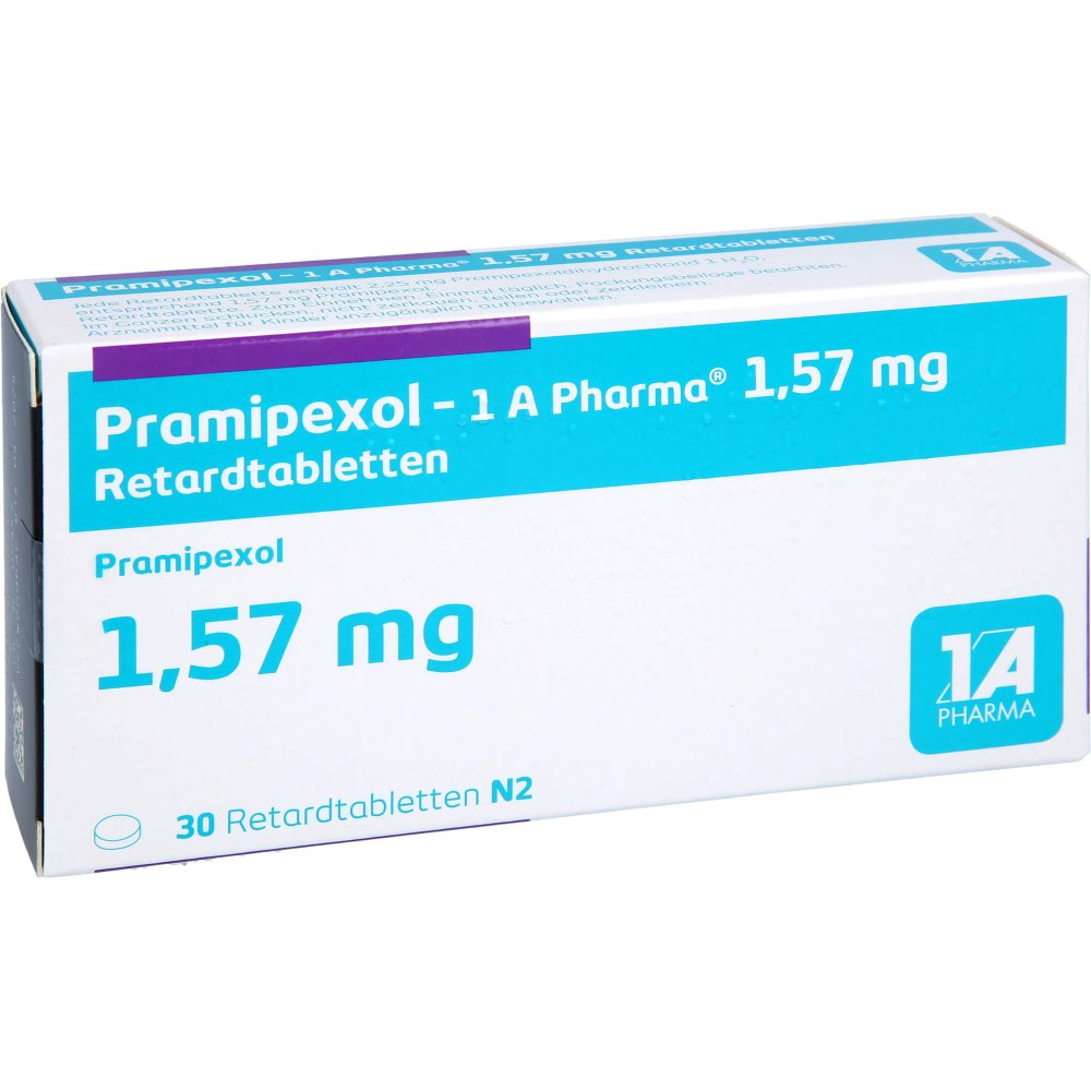 Das Produktfoto zeigt Pramipexol-1a Pharma 1,57 Mg Retardtabletten (30 stk) PZN 07604310