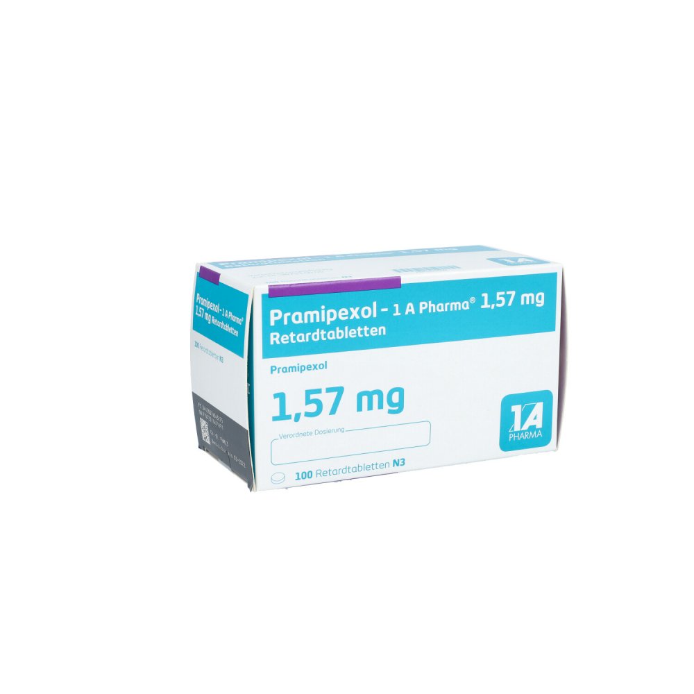 Das Produktfoto zeigt Pramipexol-1a Pharma 1,57 Mg Retardtabletten (100 stk) PZN 07604327
