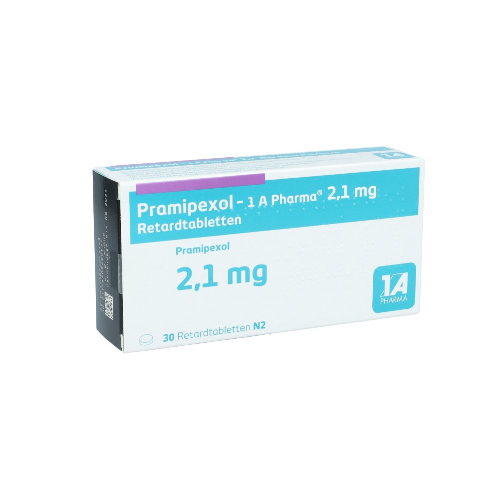 Das Produktfoto zeigt Pramipexol-1a Pharma 2,1 Mg Retardtabletten (30 stk) PZN 07604356