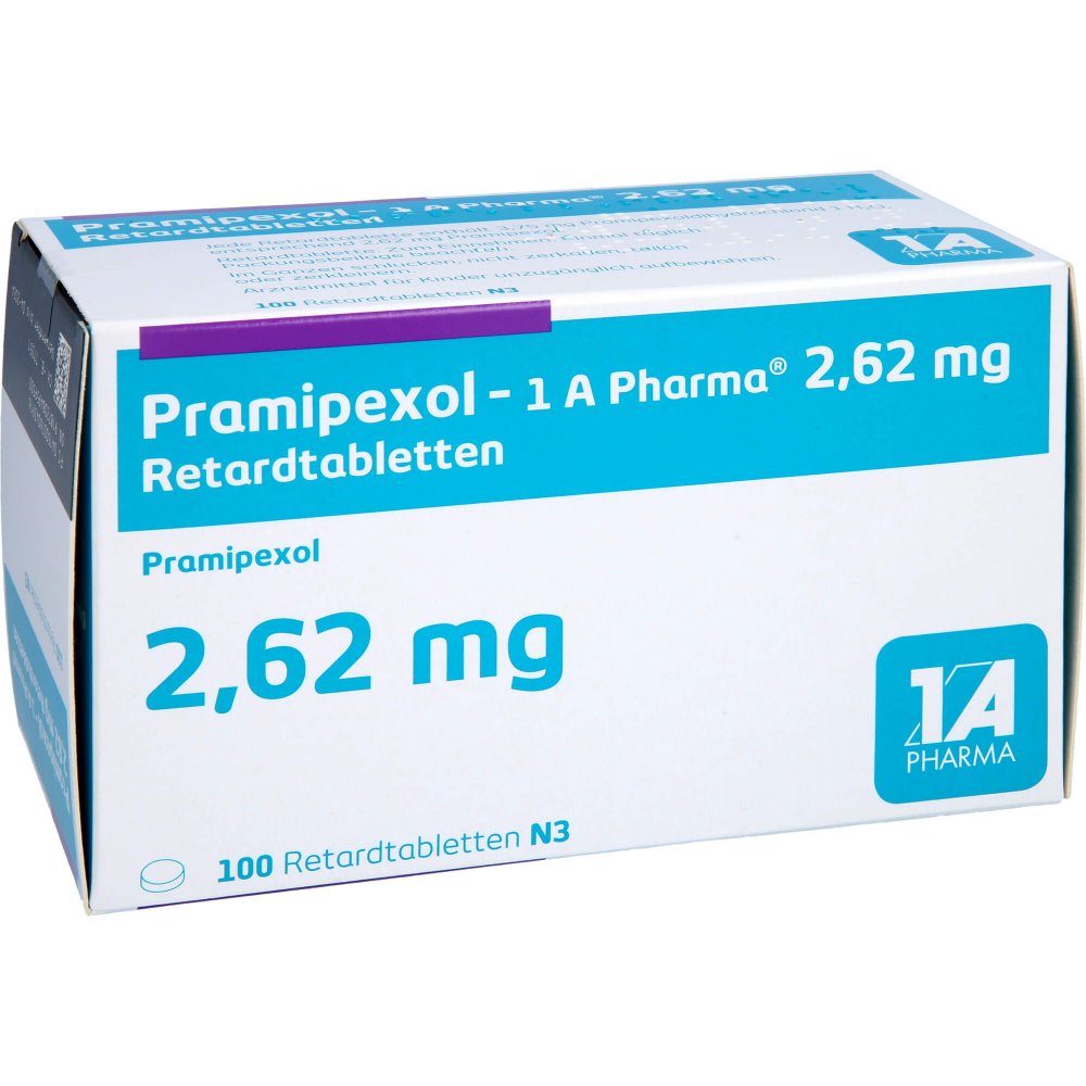 Das Produktfoto zeigt Pramipexol-1a Pharma 2,62 Mg Retardtabletten (100 stk) PZN 07604391