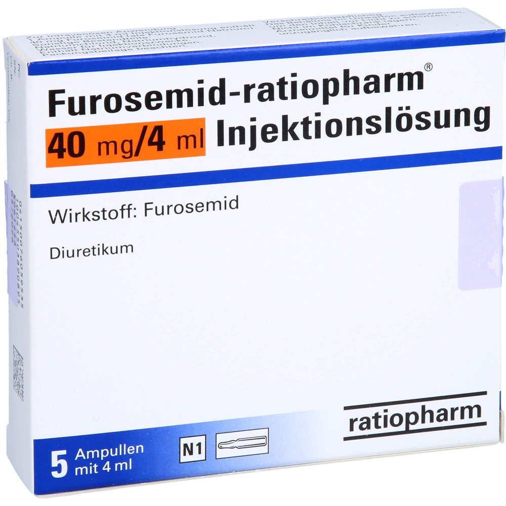 Das Produktfoto zeigt Furosemid-Ratiopharm 40 Mg/4 Ml Inj.-Lsg.Ampullen (5 stk) PZN 07605953