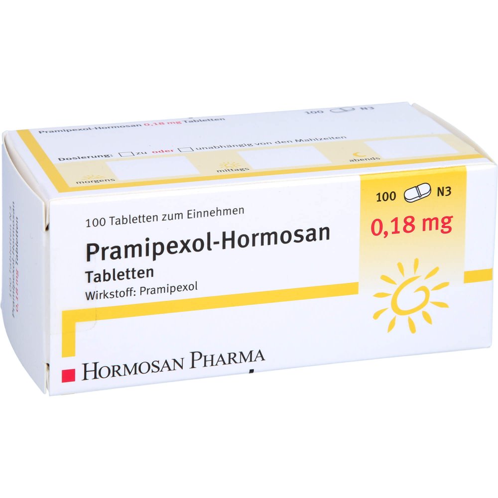 Das Produktfoto zeigt Pramipexol Hormosan 0,18 Mg Tabletten (100 stk) PZN 07609158