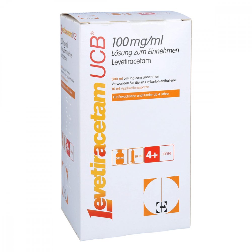 Das Produktfoto zeigt Levetiracetam Ucb 100 Mg/Ml L.Z.Einn.10ml Dos.Spr. (300 ml) PZN 07611190