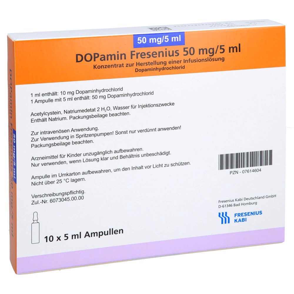 Das Produktfoto zeigt Dopamin Fresenius 50 Mg Glas Infusionslsg.-Konz. (10X5 ml) PZN 07614604