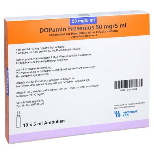 Das Produktfoto zeigt Dopamin Fresenius 50 Mg Glas Infusionslsg.-Konz. (10X5 ml) PZN 07614604
