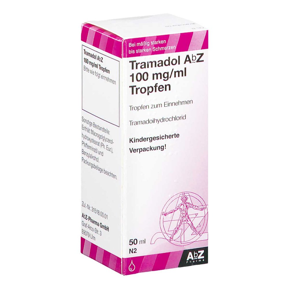 Das Produktfoto zeigt Tramadol Abz 100 Mg/Ml Tro.Z.Einn.M.Tropfaufsatz (50 ml) PZN 07618275