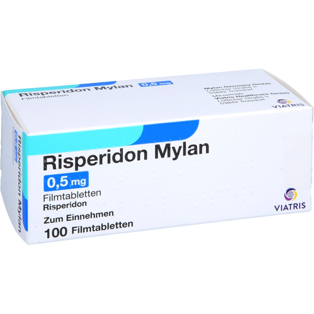 Das Produktfoto zeigt Risperidon Mylan 0,5 Mg Filmtabletten (100 stk) PZN 07621515