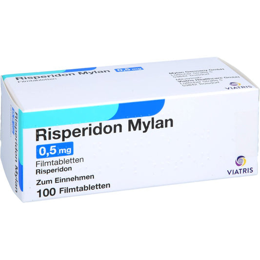 Das Produktfoto zeigt Risperidon Mylan 0,5 Mg Filmtabletten (100 stk) PZN 07621515