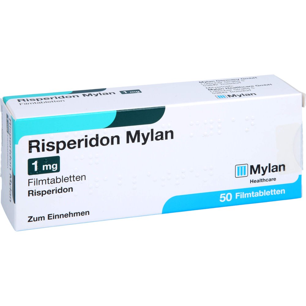 Das Produktfoto zeigt Risperidon Mylan 1 Mg Filmtabletten (50 stk) PZN 07621538