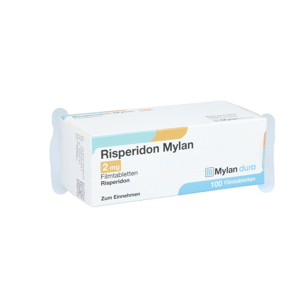 Das Produktfoto zeigt Risperidon Mylan 2 Mg Filmtabletten (100 stk) PZN 07621863