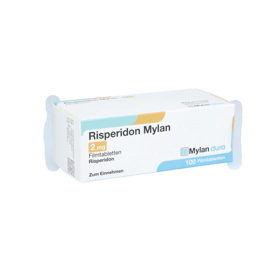 Das Produktfoto zeigt Risperidon Mylan 2 Mg Filmtabletten (100 stk) PZN 07621863