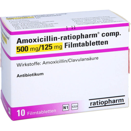 Das Produktfoto zeigt Amoxicillin-Ratiopharm Comp.500mg/125mg Filmtabl. (10 stk) PZN 07622035