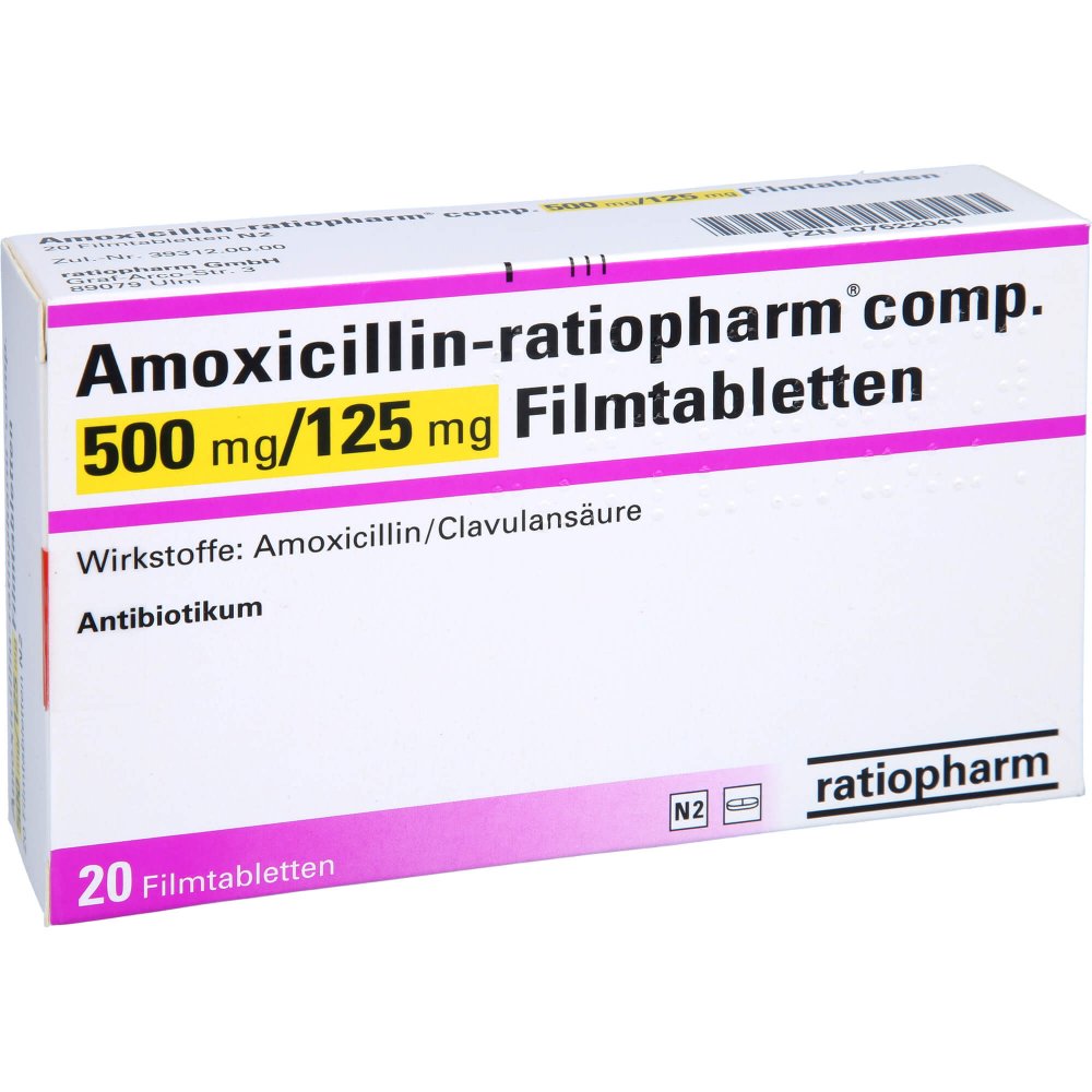 Das Produktfoto zeigt Amoxicillin-Ratiopharm Comp.500mg/125mg Filmtabl. (20 stk) PZN 07622041