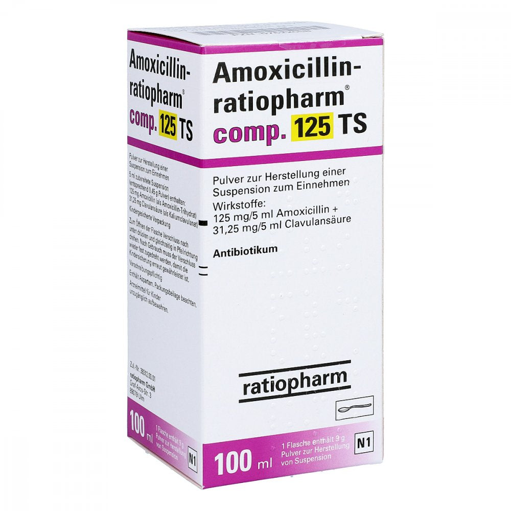 Das Produktfoto zeigt Amoxicillin-Ratiopharm Comp.125 Ts Plv.Sus.-Herst. (100 ml) PZN 07622058