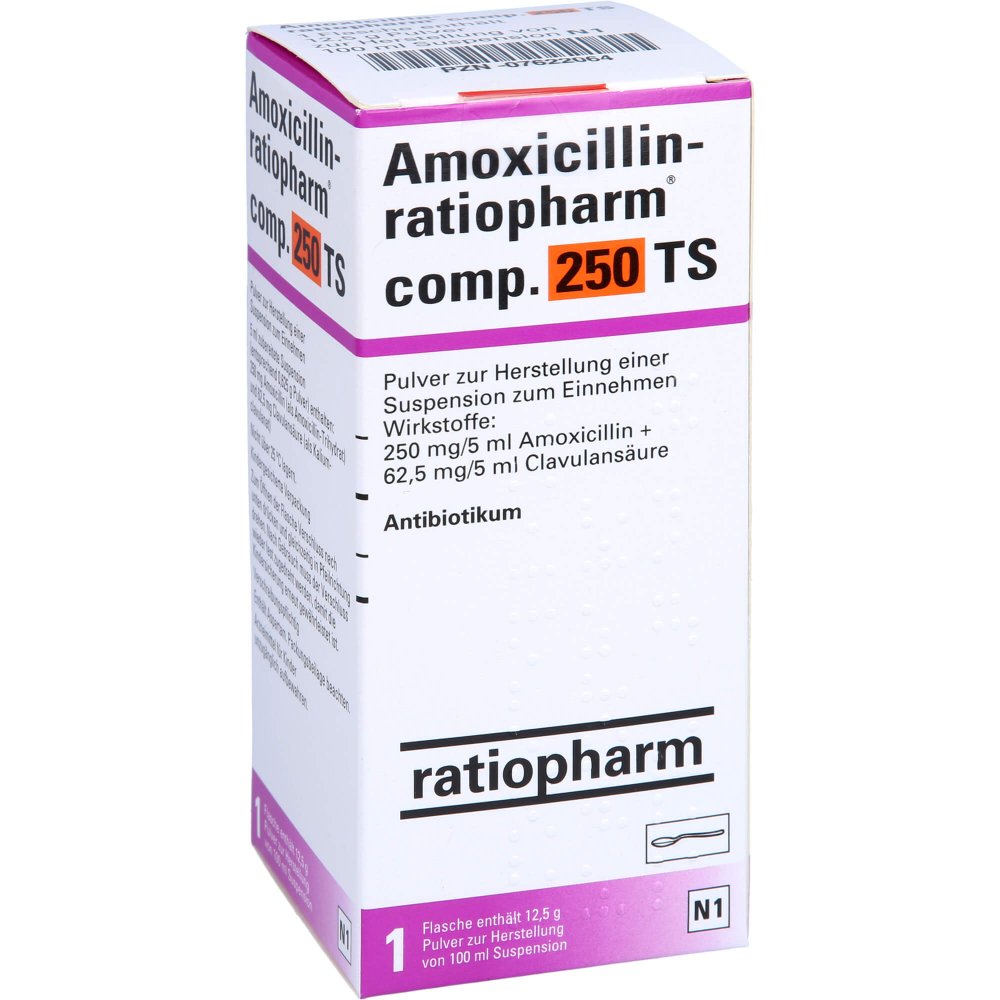 Das Produktfoto zeigt Amoxicillin-Ratiopharm Comp.250 Ts Plv.Sus.-Herst. (100 ml) PZN 07622064
