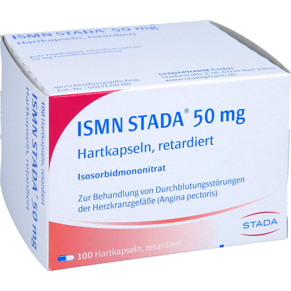 Das Produktfoto zeigt Ismn Stada 50 Mg Hartkaps.Retardiert (100 stk) PZN 07666618