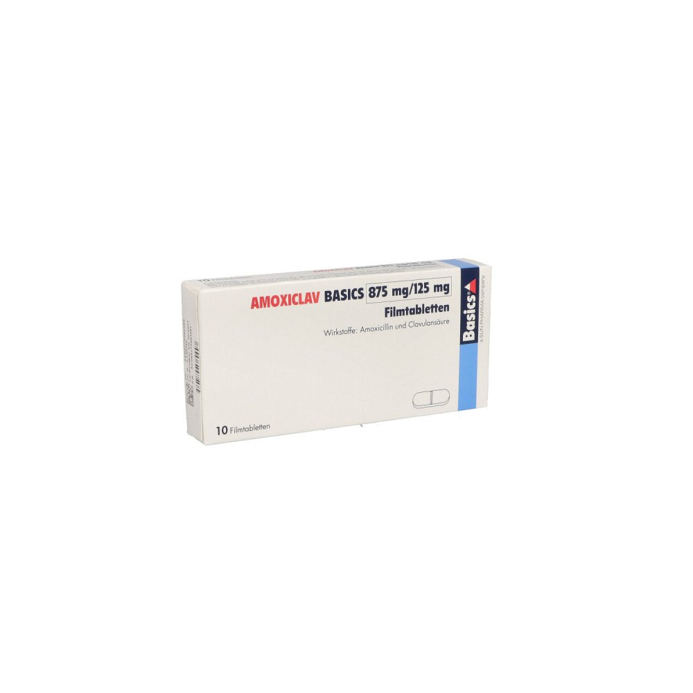 Das Produktfoto zeigt Amoxiclav Basics 875 Mg/125 Mg Filmtabletten (10 stk) PZN 07698038