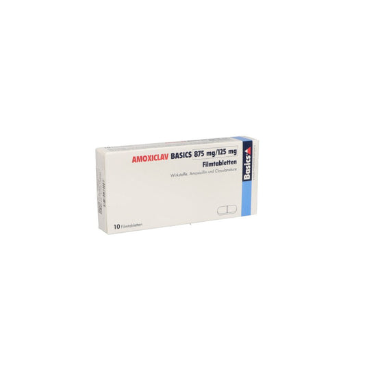 Das Produktfoto zeigt Amoxiclav Basics 875 Mg/125 Mg Filmtabletten (10 stk) PZN 07698038